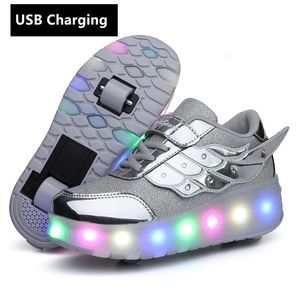 Bottes Satu Dua Roda USB Pengisian Sepatu Lampu LED Roller Skate pour Anak anak Anak Laki laki Perempuan light Up unisexe 230905