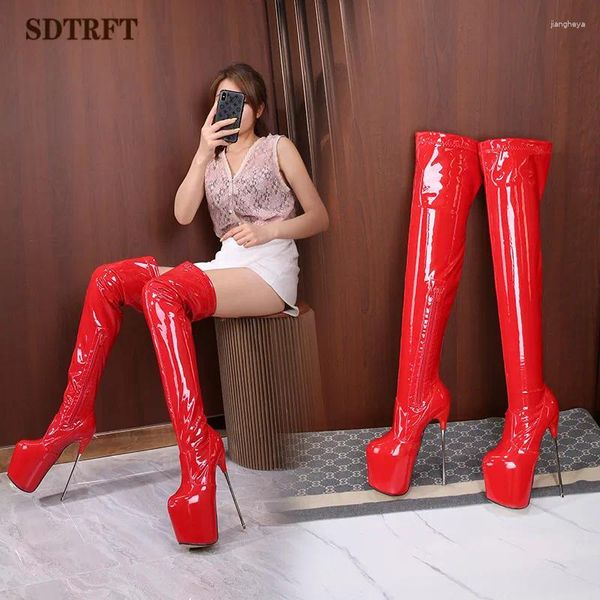 Boots sdtrft dames chaussures pole danse 22 cm talons minces stiletto sur la plate-forme longue du genou Pumps Red Cosplay Botas Mujer