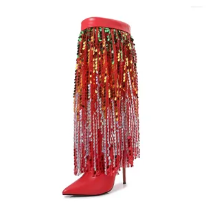 Botas sdtrft punta rodilla alta 12 cm botas delgadas botas mujer damas lentejuelas de falda estilo rosa rojo bomba de boda