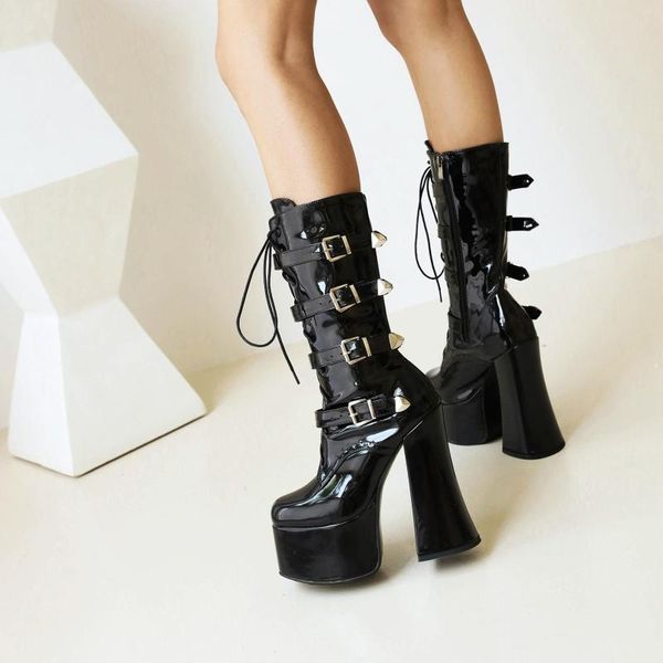 Boots Sexy Black Gothic Style Cool Punk Motorcycles féminins Plateforme High Heels Calf Femmes Chaussures Big Taille 43
