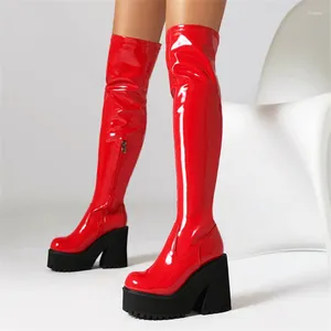 Boots Sexy Fashion CHIGH HIGH Femmes Round Toe Plateforme Botas Mujer Talons Chunky Super Botines côté zapatos zippé