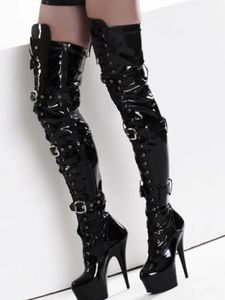 Laarzen Sexy Fetish Schoenen Over De Punk Knie 15CM Ultra Hoge Hakken Stripper Platform Lange Laarzen Dames Pole Dance 6 Inch Gothic Strappy 231207