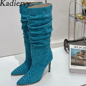 Bottes sexy talons hauts genoues femmes gamins en daim plissé de la piste de ramiage moderne tas de piste taletto femme longue femme