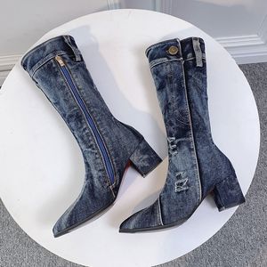 Bottes Sexy Jean femmes mi-mollet botte fermeture éclair talon haut femme élégant Jeans dames Denim femme chaussures Cowboy 230821