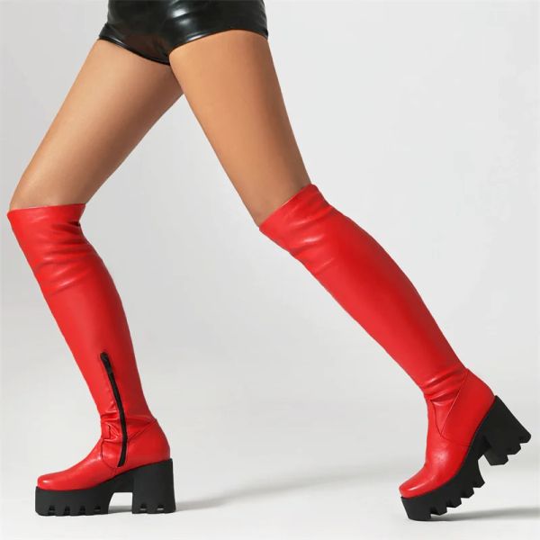 Bottes sexy knee bottes hautes plate-forme de femmes rouges blanc noir long cuit hauts bottes épais talons punk chaussures de danse hiver dame grande taille 48