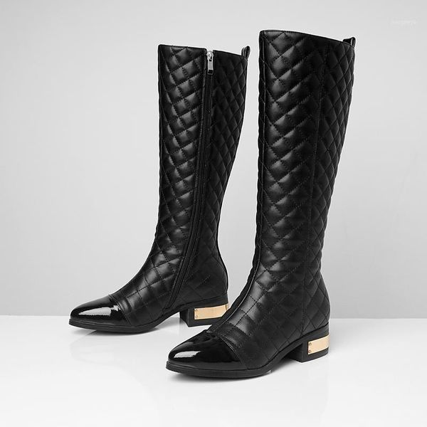 Botas Sexy hasta la rodilla con cremallera lateral, zapatos de cuero genuino para mujer, Otoño Invierno, boda, Club nocturno, tacones cuadrados Med para mujer