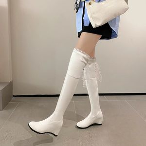 Laarzen Sexy Met Kant Getrimd Schattig Zoete Schoonheid Lange Laarzen Roze Overknee-laarzen voor dames met sleehak Veterlint Winter Warme laarzen 231212