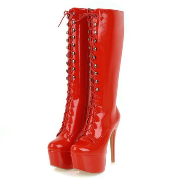 Bottes sexy lacet up bottes femme plate-forme mince talons hauts bottes hautes 2021 hiver rouge blanc botte de chaussures de fête fétiche grande taille