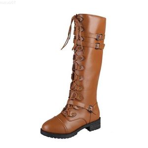 Bottes Sexy À Lacets Au Genou Bottes Femmes Mode Bottes Appartements Chaussures Femme Talon Carré En Caoutchouc Flock Bottes Botas Hiver Boucle Taille 43 L230711