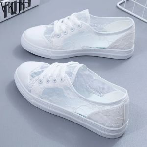 Boots Sexy Lace White Chaussures Femmes Flats Sneakers Summer 2023 Nouvelles chaussures causales féminines Black Toile Vulcanize Sneakers For Woman Black