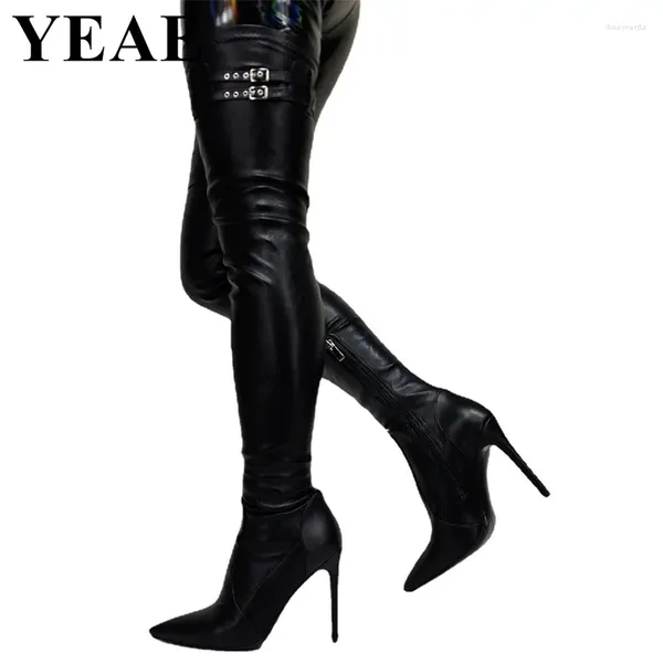 Bottes sexy dames extensible pointu à bout sur le genou mode High talon fête robe chaussures noires blanches cuisses femme