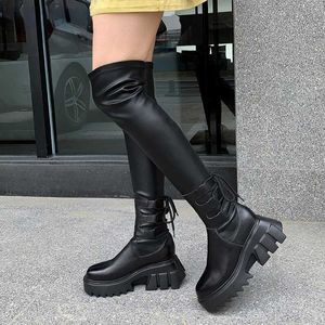 Laarzen sexy lederen dij high laarzen vrouwen zwart plat boven de knie laarzen voor vrouwen rond teen feest lange schoenen dikke zool bota's mujer aa230412