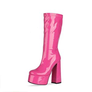 Botas Zapatos de plataforma sexy Mujer Tacón crudo Cremallera Rosa Rojo Fondo grueso para tobillo Damas Invierno 220901