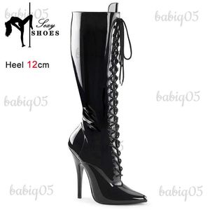 Laarzen Sexy Puntige Neus 5 Inch Knielaarzen Fetish Stiletto Dunne Hak Cross Dressing Laarzen 12 cm Hoge Hakken Dames Maat 36-46 Schoenen T231117