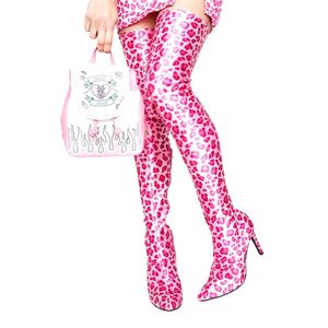 Botas sexy punta puntiaguda muslo alto largo para mujer estiramiento cremallera animal tacones de aguja zapatos de leopardo en venta 230815