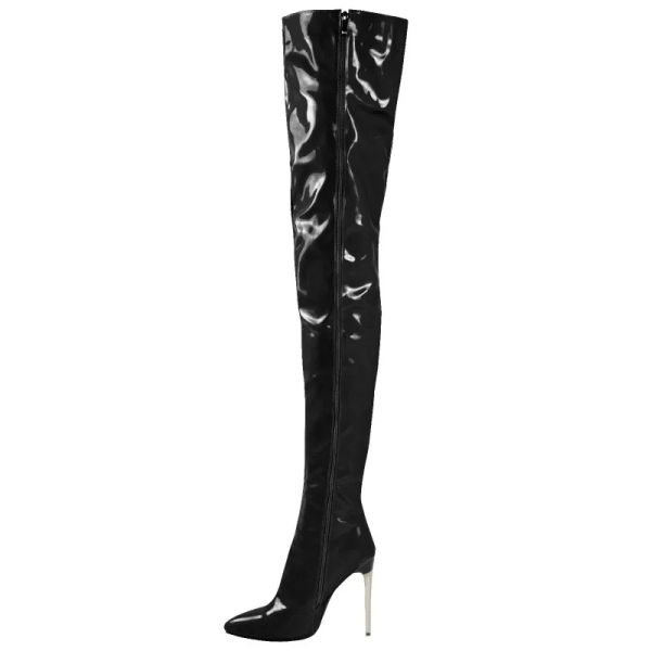 Botas Sexy Pointy Toe Boots High Boots 12 cm Metal Stiletto Heels Women Patent Leather INDICIDO BOTAS BOTAS BOTAS ALTO MÁS 46 47 48