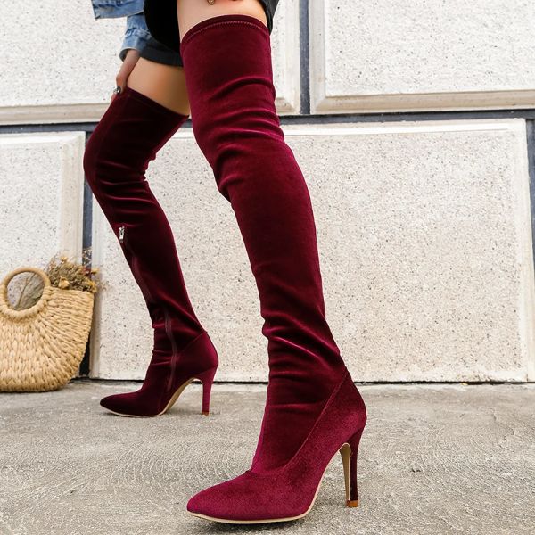 Boots Sexy Red High talons coffre High Boots Femme 2023 Velvet hivern