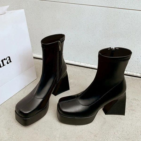 Botas sexis con punta cuadrada y tacón grueso para mujer, color negro desnudo, tacones de plataforma con cremallera lateral delgada, zapatos altos elásticos Punk góticos para fiesta