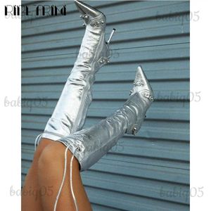 Bottes Sexy Stiletto talon haut femmes bottes métallisé or argent Rivit marque bout pointu plate-forme chaussures fermeture éclair luxe Sexy bottes de fête T231121