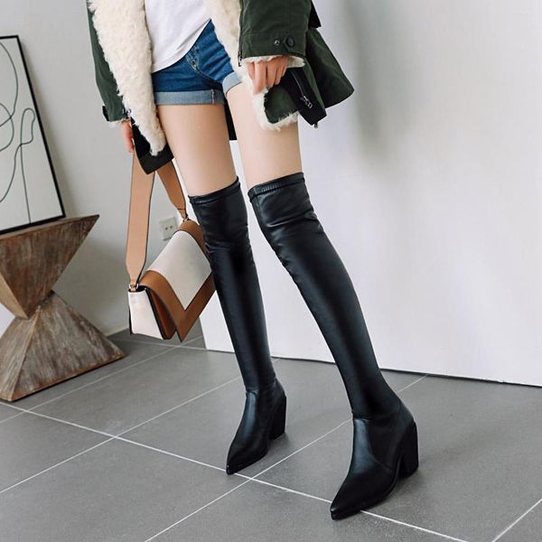 Botas sexis de cuero elástico hasta el muslo para mujer, tacones por encima de la rodilla para punta blanca, zapatos largos de fiesta fetiche rojos