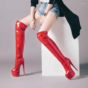 Bottes sexy cuisses haut pour femmes plate-forme fétiche strip-teaseuse danse chaussures hivernales talons les talons au-dessus du genou rouge blanc noir