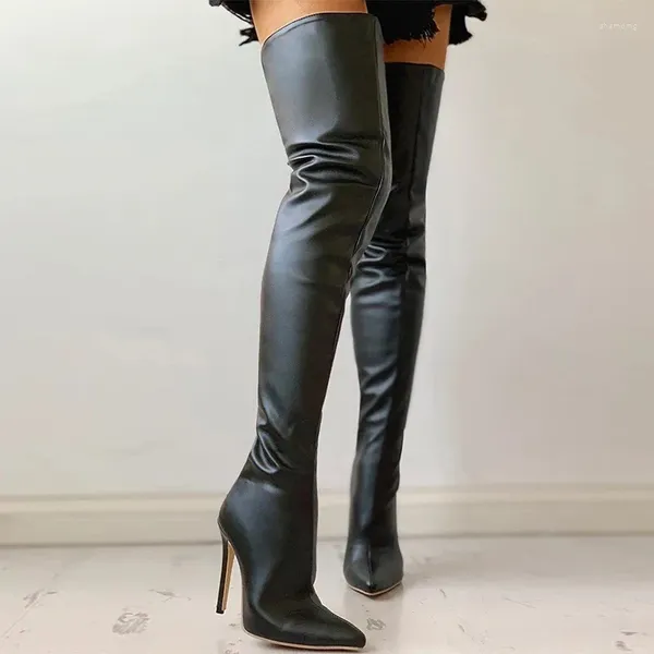 Bottes sexy cuisses hautes femmes en cuir de mode enjune en cuir étiré à talons minces dames punk chaussures rouges automne hiver