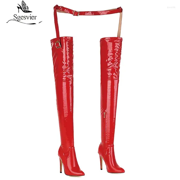 Boots Sgesvier 2024 Femmes CHIGH HIGH STTILETTO Sexy sur le genou Red Black Patent Leather Long