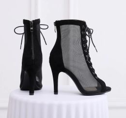 Bottes Sgesvier Femmes Bottins 2023 Nouvelle marque Black Flock Deep Satin Laceup Dancing High Heels Party Salsa Dance Shoes