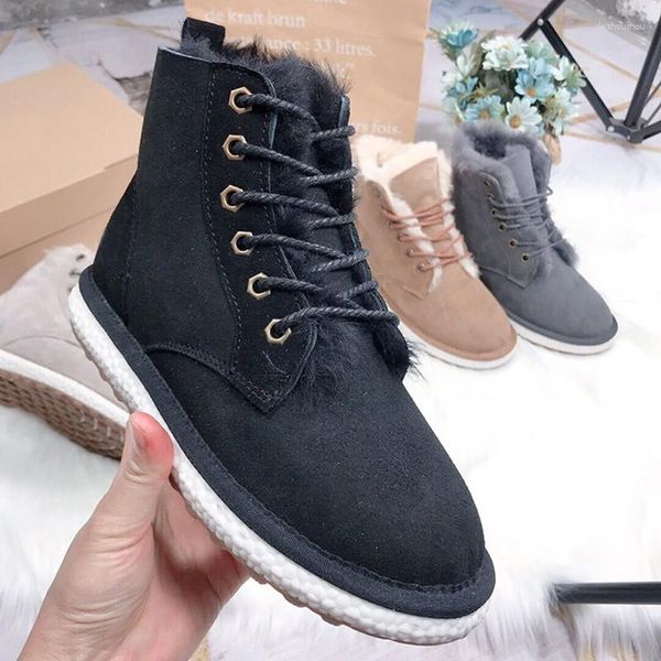 Botas de piel de oveja mujer esquila de ovejas nieve cuero genuino piel plana con cordones zapatos de invierno de moda para mujer