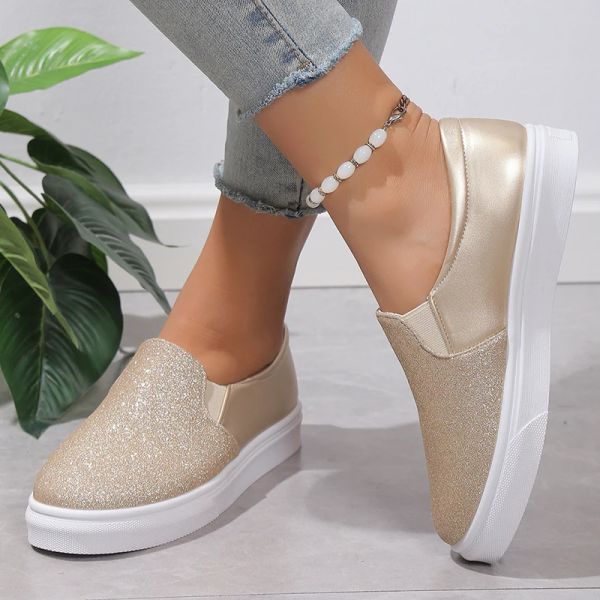Boots Locs de paillettes en or brillantes pour femmes Pu Leather Slipon Platform Sneakers femme 2023 Automne non glisses Flats Casual Shoes Casual