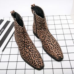 Boots Chaussures Personnalité britannique Men Leopard Imprimé faux daim carré côté carré zipper mode Fashion Casual Street All Match Ad