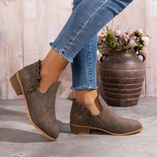 Boots Chaussures Femme 2024 Outdoor Slip on Ankle Women's Retro Modern Women plissée Round Toe Square Talon Zapatos