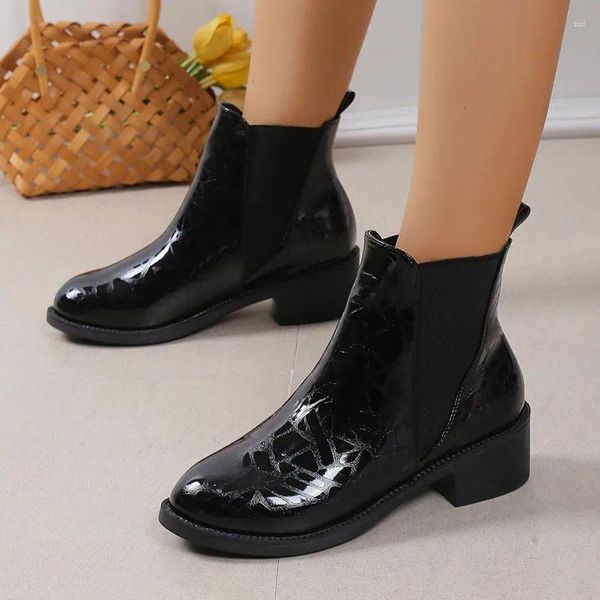 Boots Chaussures Femelle 2024 PU Ankle Women's Stretch Modern Modern Women Slip-on Round Toe Toe Chunky Med Talon