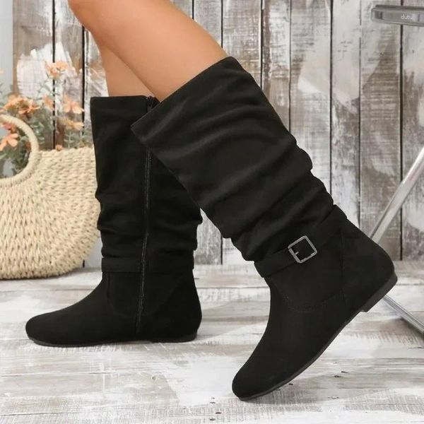 Bottes chaussures femme 2024 fermeture éclair latérale genou-haute femme rétro quotidien femmes bout rond boucle de ceinture plissée plat avec dames