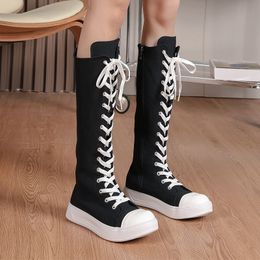 Grandes chaussures européennes pour femmes hautes top à lacets vers le haut zipper toile chaussures de toile haute longueur bottes de longueur de genoue chaussures de table de sport 231204