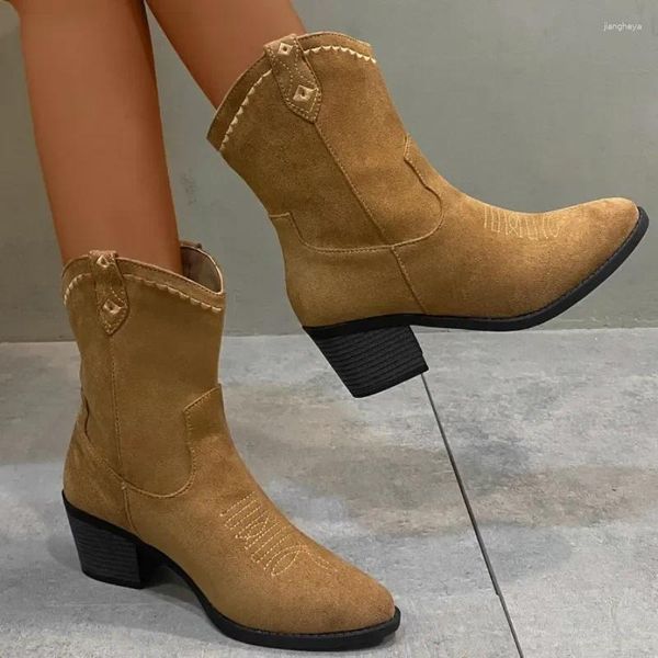 Botas Zapatos para mujer 2024 Moda Slip On Mujer Invierno Punta estrecha Sólido Flock Corto Barril Tacones gruesos Roma