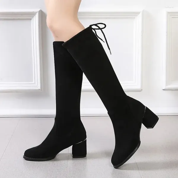 Botas Zapatos para mujer 2024 hasta la rodilla elegante moderno sin cordones en la espalda con cordones tacón grueso rebaño femenino