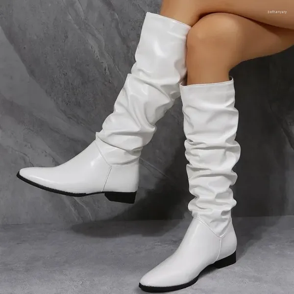Boots Chaussures pour femmes 2024 Spring Knee High Red Blanc blanc grande femme plissée talon bas en cuir décontracté femelle longue