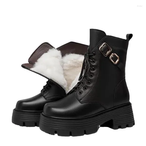 Botas zapatos para mujer 2024 invierno moda mujer pantalón corto Casual tacón alto medio tubo grueso algodón cálido nieve Mujer