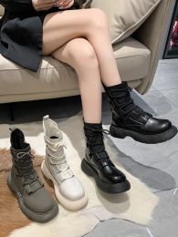 Boots Chaussures Lady Boots Bootswomen Round Toe Flat Talon Lace Up 2024 Mid Calf Midcalf Med Autumn Lolita Rock Summer Rome Pu Basic Soli