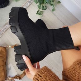 Laarzen Schoenen Vrouw Gebreide Sok Dames Dikke Zolen Korte Buis Ademend Plus Size 43 Martin Platform Laarsjes Hakken 220829