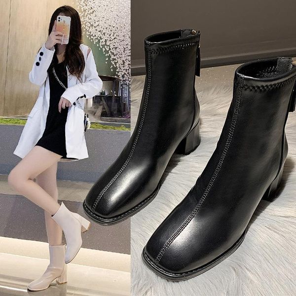 Bottes chaussures femmes talons hauts bottes-femmes fermeture éclair hiver chaussures Stiletto caoutchouc blanc cuir mi-mollet 2021 automne mi-mollet Soli