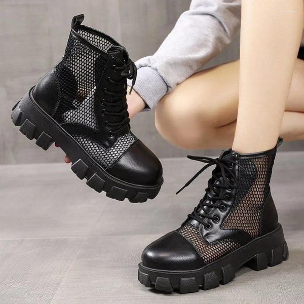 Bottes courtes chaussures pour femme avec lacets cheville femme noir Biker plate-forme à lacets élégant talons moyens gros bout rond chaussons