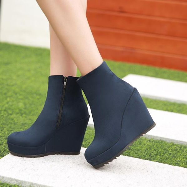 Botas Sianie Tianie 2021 invierno otoño Flock plataforma cuñas tacones mujer punta redonda mujeres tobillo Sexy azul marrón rojo