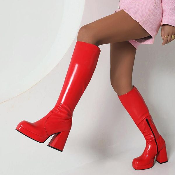 Bottes Fermeture Éclair Latérale Bout Carré Talon Super Épais Plate-Forme Légère Genou Vert Couleur Unie Style Simple Chaud En Peluche Intérieur Slip-On