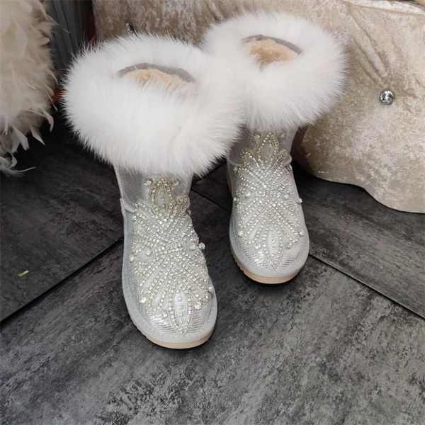 Bottes Argent Mi-tube Fourrure Strass Cuir Neige Fait Main Avec Perceuse Chaussures En Coton Pour Garder Au Chaud 35-44