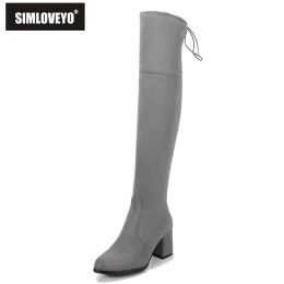 Boots Simloveyo Black Grey Womens Micro Suede Both Both Boots Blocs Talon épais Stiron sur les bouts du genou Femmes Plus taille 3248 B007