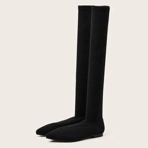 Bottes Taille 34-40 mode jambe mince cuisse haute chaussette bottes femmes noir tissu extensible bout pointu talons plats sur le genou sans lacet chaussures 231208