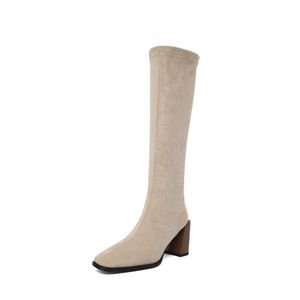 Laarzen maat 34-43 7.5 cm dikke hak vrouwen knie vrouwelijke stretch hoge hakken dames zwart rood beige vierkante teen vrouw terug rits