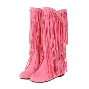 Bottes Taille 3443 Fashion Pink Flock Cuir Femmes Fringe Fringe Talons plats Bottes Longues Femme Tassel Galet Bottes haute livraison gratuite